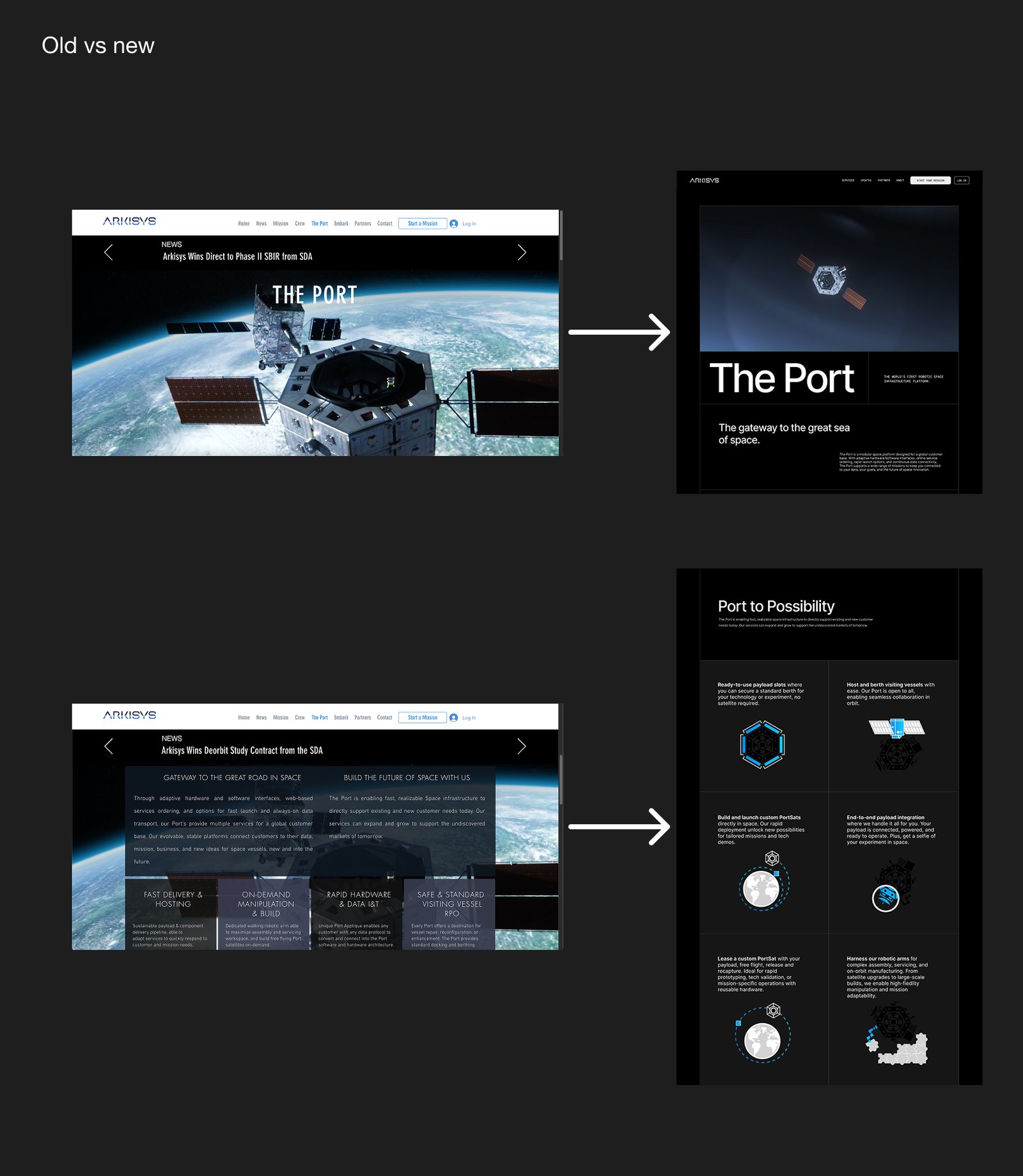Old vs new comparison of Arkisys service showcase page, specifically showing the Port page