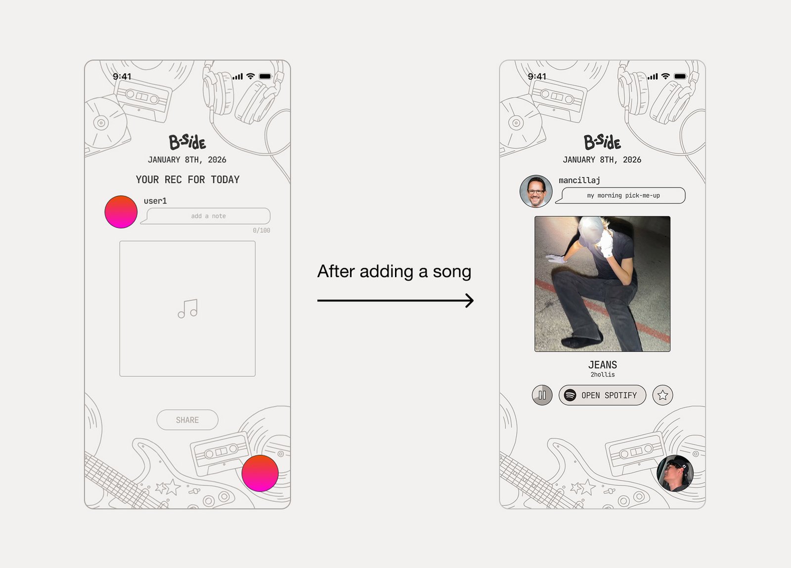 Reworked concept of B-Side home page and then a different page with a friend sharing a song and a note