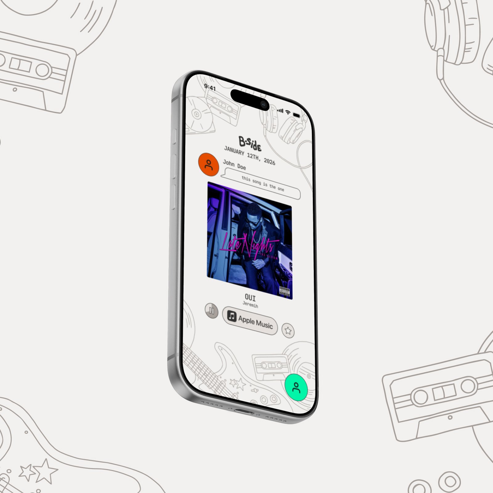 Sample render of B-Side home page with a friend sharing a song and a note